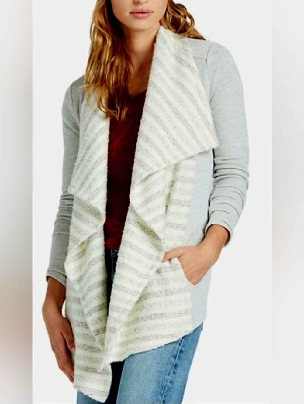 Lucky Brand Wool Blend Light Gray Knit Draped Cardigan Striped Metallic Collar M